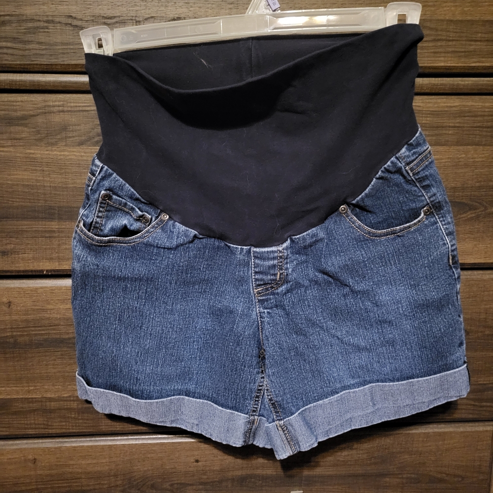 Three Seasons Maternity Blue Jean Shorts with Black Waistband